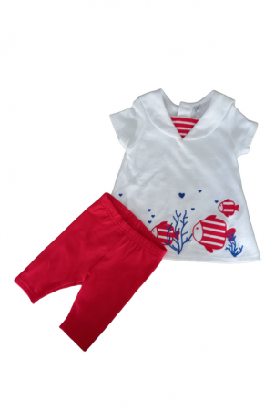 Set 2 piese pentru copii, rochita cu pantaloni, alb-rosu, impimeu pestisori, 6 luni [1]