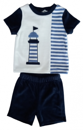 Ultimul Produs! - Set 2 piese pentru copii, tricou cu pantaloni scurti, alb-bleumarin, imprimeu cu far, 9 luni