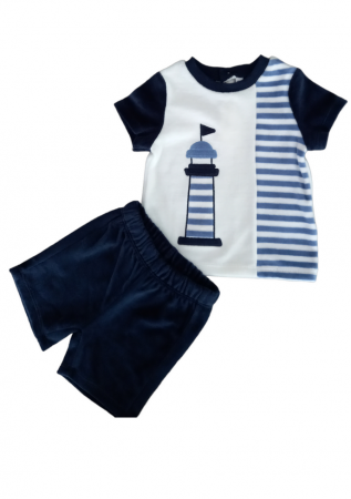 Set 2 piese pentru copii, tricou cu pantaloni scurti, alb-bleumarin, imprimeu cu far, 9 luni [1]