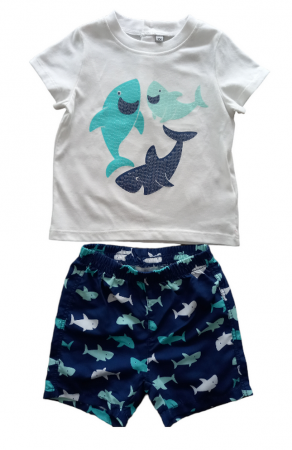 Ultimul Produs! - Set 2 piese pentru copii, tricou cu pantaloni scurti, alb-bleumarin, imprimeu cu rechini, 12 luni