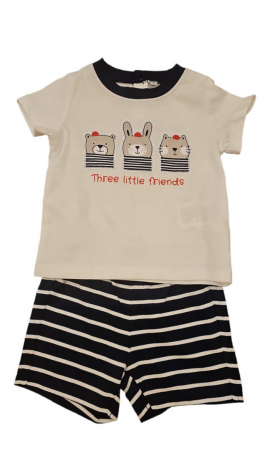 Ultimul Produs! - Set 2 piese pentru copii, tricou cu pantaloni scurti, alb-bleumarin, Three little friends, 3 luni