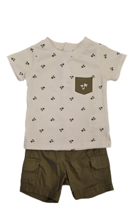 Îmbrăcăminte & Încălțăminte - Set 2 piese pentru copii, tricou cu pantaloni scurti, alb-maro deschis, imprimeu palmieri, 6 luni