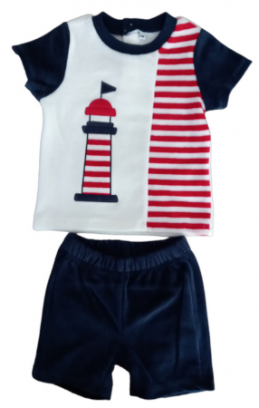 Ultimul Produs! - Set 2 piese pentru copii, tricou cu pantaloni scurti, alb-rosu, imprimeu cu far, 9 luni