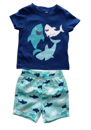 Ultimul Produs! - Set 2 piese pentru copii, tricou cu pantaloni scurti, albastru-turcoaz, imprimeu cu rechini, 6 luni