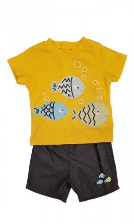 Ultimul Produs! - Set 2 piese pentru copii, tricou cu pantaloni scurti, galben-gri, imprimeu pesti, 6 luni