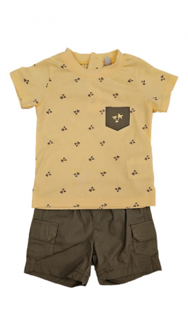 Ultimul Produs! - Set 2 piese pentru copii, tricou cu pantaloni scurti, galben-maro deschis, imprimeu palmieri, 6 luni