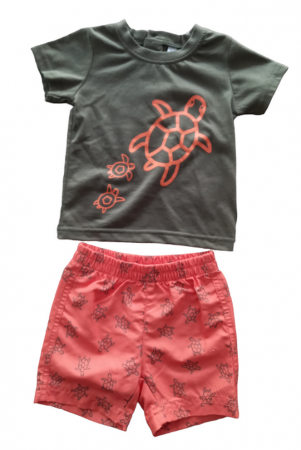 Ultimul Produs! - Set 2 piese pentru copii, tricou cu pantaloni scurti, kaki-portocaliu, imprimeu cu testoasa, 6 luni