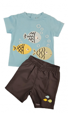 Îmbrăcăminte & Încălțăminte - Set 2 piese pentru copii, tricou cu pantaloni scurti, multicolor, imprimeu pesti, 6 luni