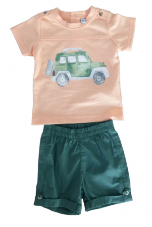 Îmbrăcăminte copii - Set 2 piese pentru copii, tricou cu pantaloni scurti, portocaliu-kaki, 3 luni