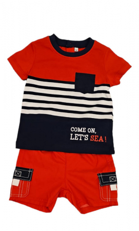 Ultimul Produs! - Set 2 piese pentru copii, tricou cu pantaloni scurti, rosu-bleumarin, 6 luni