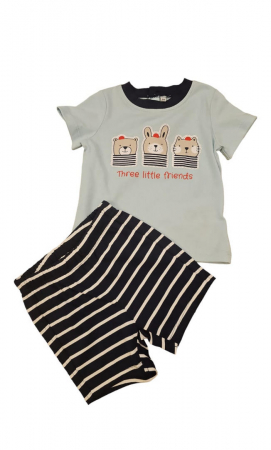 Ultimul Produs! - Set 2 piese pentru copii, tricou cu pantaloni scurti, vernil-bleumarin, Three little friends, 6 luni