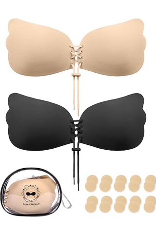 Lenjerii și Pijamale Femei - Set 2 Sutiene invizibile fără bretele Nadeer, Push-up cu șnur, adeziv, reutilizabil, ideal pentru rochii fără spate, nude si negru
