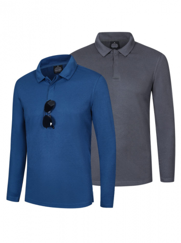 Îmbrăcăminte & Încălțăminte - Set 2 tricouri polo barbatesti cu maneca lunga, Slim Fit, pentru sport si activitati zilnice, ZENGVEE, bleumarin/gri, marime S