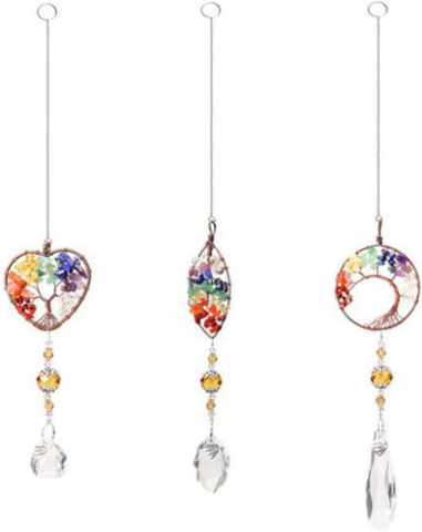 Casă, Grădină & Bricolaj - Set 3 Decoratiuni cu Copacul Vietii si Cristale Chakra, Decoratiuni Feng Shui cu Prisme pentru Fereastra sau Masina