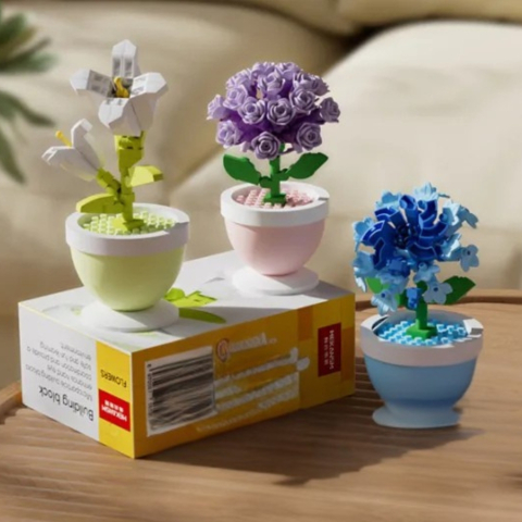 Jucării & Jocuri - Set 3 flori decorative din mini blocuri de constructie in ghivece multicolore