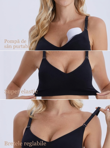 Set 3 Sutiene Alăptare, Fără Sârmă, Decolteu V, Acces Rapid Clip, Confort Maxim Sarcină și Postpartum, Cu Extensoare și Clipsuri, HOFISH, Negru, Marimea S [2]