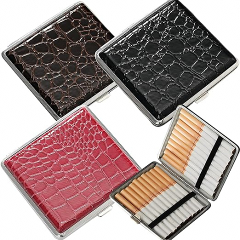Accesorii barbati - Set 3 Tabachere pentru 20 Țigări, Model Imitație Piele Crocodil, Negru, Maro, Roșu Închis, Carcasă Metalică Rezistentă, Design Elegant, Portabilă, Fără BPA