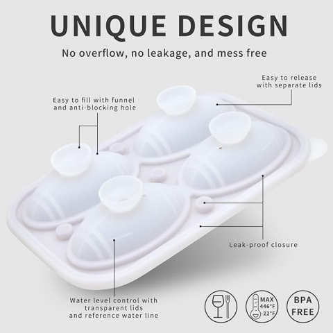 Set 4 Forme Cuburi Gheață 3D Minge Rugby, Koilox, Silicon Maro, BPA-Free, Ușor de Umplut și Curățat, 5,5 cm, Pentru Whisky, Cocktail, Suc , Rezistente la Mașina de Spălat Vase [1]