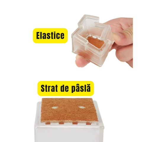 Set 4 Protectii picioare mobilier, Patrate 42-45mm cu Pasla, Elastice, capace transparente anti-zgariere pentru parchet [4]