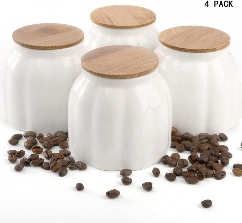 Set 4 Recipiente Ceramice pentru Depozitarea Alimentelor DEAYOU, 280 ml, cu Capace din Bambus Etanșe, Design în Formă de Dovleac, Alb [1]