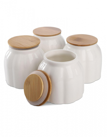 Casă, Grădină & Bricolaj - Set 4 Recipiente Ceramice pentru Depozitarea Alimentelor DEAYOU, 280 ml, cu Capace din Bambus Etanșe, Design în Formă de Dovleac, Alb