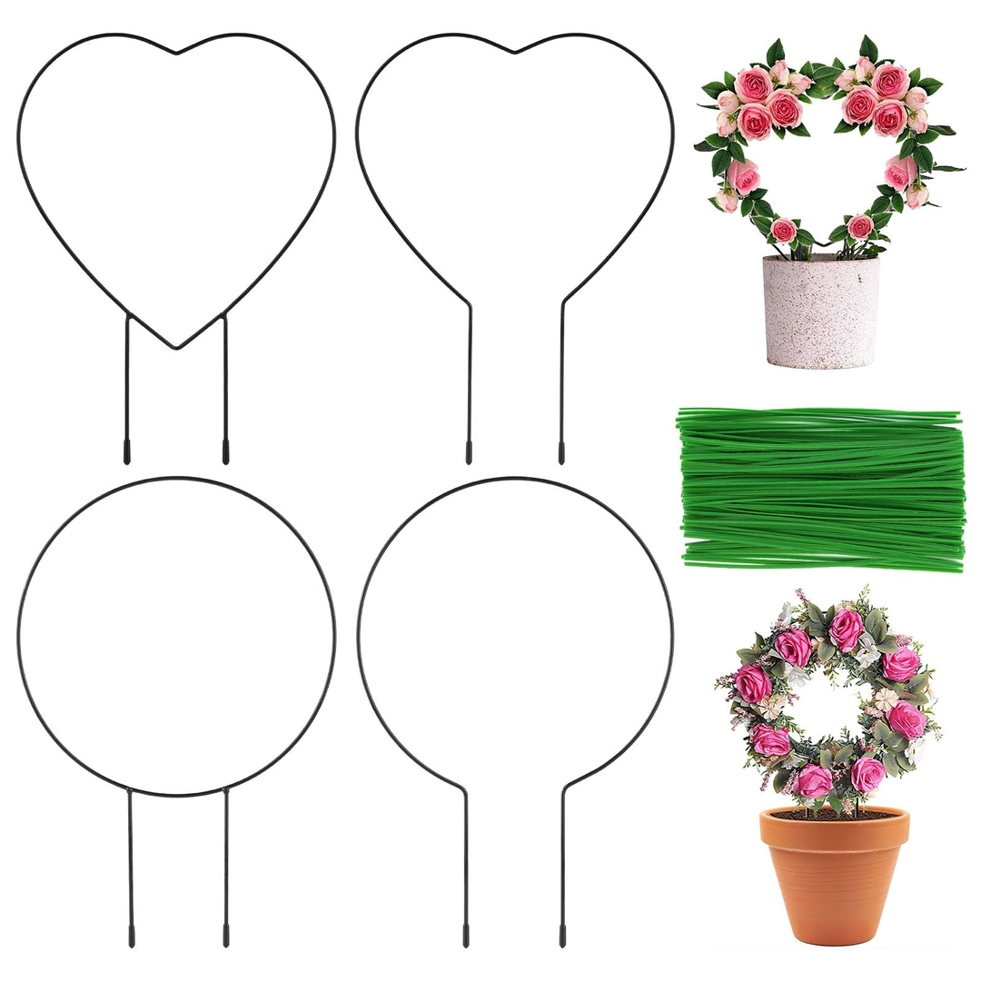Casă, Grădină & Bricolaj - Set 4 suporturi metalice pentru plante, model rotund si inimia, cu 100 accesorii prindere, 23 x 34 cm