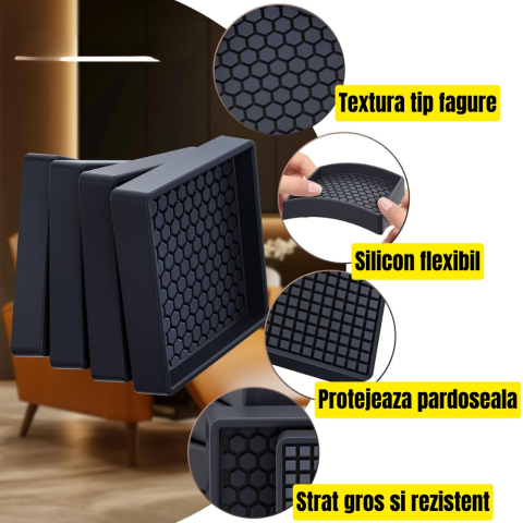 Set 4 suporturi mobilier silicon antialunecare 57x57mm protectie podea fara ventuze [3]