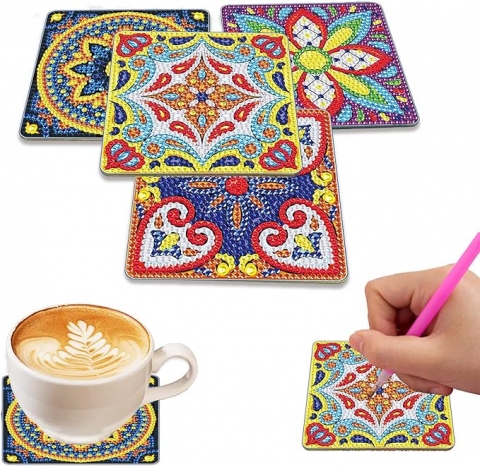 Set 4 Suporturi pentru Pahare cu Pictură Diamant, Kit DIY pentru Începători, Adulți și Copii, Artă și Decorațiuni pentru Crăciun, HPSY [1]