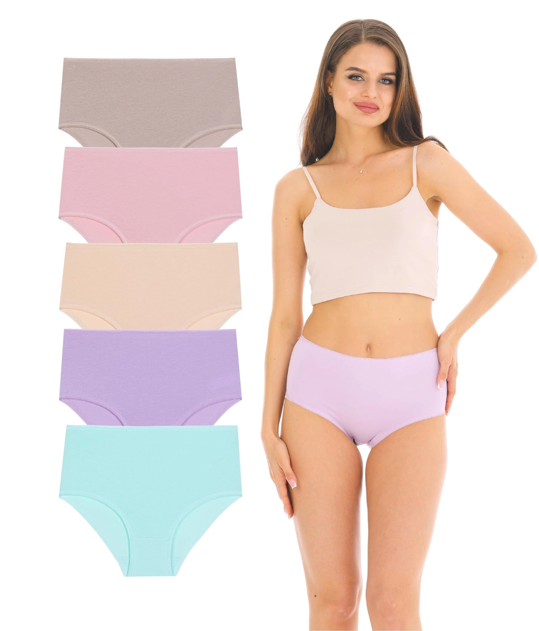 Lenjerii și Pijamale Femei - Set 5 chiloti dama bumbac organic talie inalta marime XL culori asortate