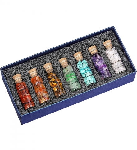 Casă, Grădină & Bricolaj - Set 7 Mini Sticlute din Sticla cu Pietre Semipretioase, Decor Feng Shui, Reiki, Chakra, cu Cutie