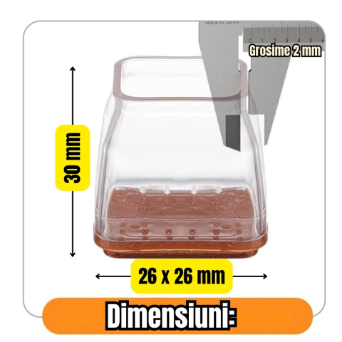 Set 8 protectii picioare scaun patrate 26x26 mm cu pasla, capace transparente anti zgarieturi pentru parchet [1]
