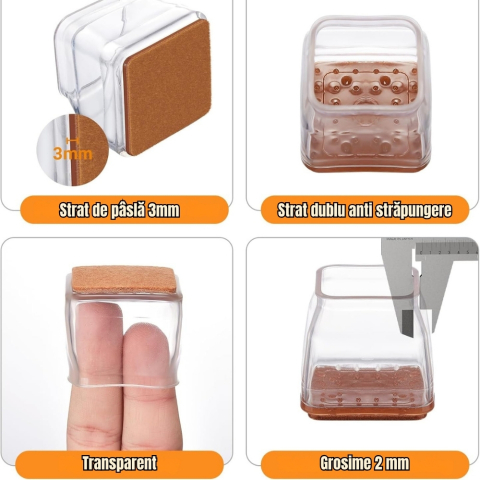 Set 8 protectii picioare scaun patrate 26x26 mm cu pasla, capace transparente anti zgarieturi pentru parchet [2]
