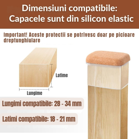 Set 8 Protectii picioare scaun, Dreptunghi 28-34 x 18-21 mm, Elastice, cu Pasla, capace transparente anti-zgariere pentru parchet [1]