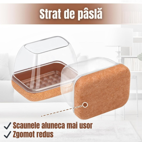 Set 8 Protectii picioare scaun, Dreptunghi 35-40 x 18-21 mm, Elastice, cu Pasla, capace transparente anti-zgariere pentru parchet [3]