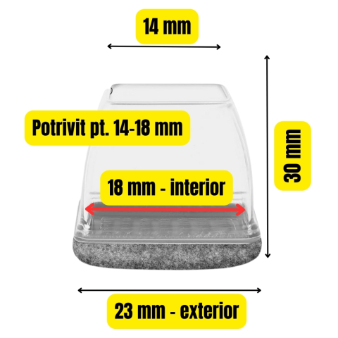 Set 8 Protectii picioare scaun, Patrate 14-18mm cu Pasla, capace transparente anti-zgariere pentru parchet [1]