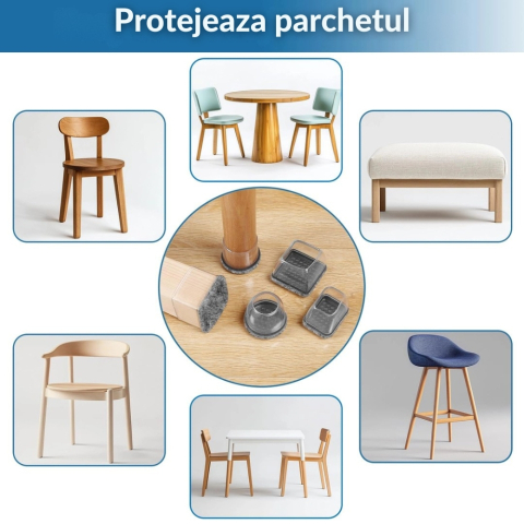 Set 8 Protectii picioare scaun, Patrate 14-18mm cu Pasla, capace transparente anti-zgariere pentru parchet [3]