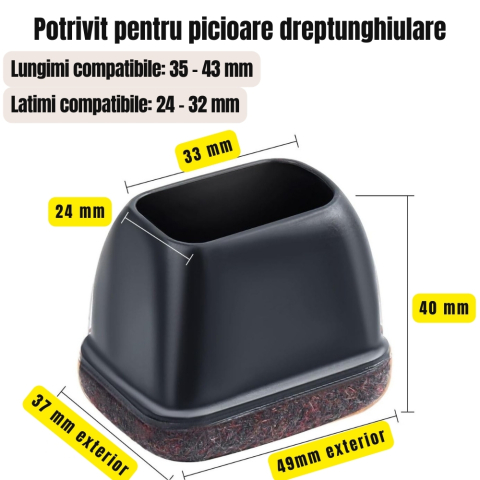 Protectii picioare scaune dreptunghiulare 32x43 mm cu fetru negru anti zgariere parchet [1]