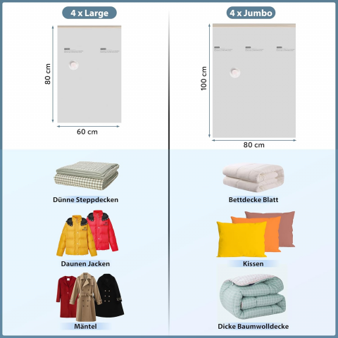 Set 8 Saci de Vidat pentru Haine, 4 Jumbo (80 x 100 cm), 4 Mari (60 x 80 cm), Armiz [1]