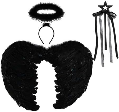 Costume Carnaval - Set accesorii Inger Negru cu aripi, aureola si bagheta.