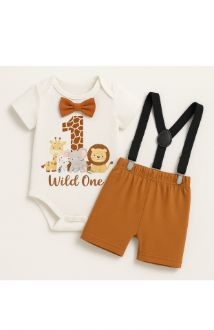 Îmbrăcăminte copii - Set aniversar 1 an, body alb maneca scurta cu papion, pantaloni scurti maro si bretele, Wild One