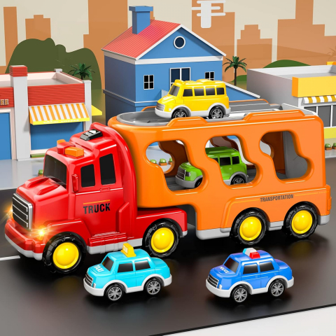 Jucării & Jocuri - Set Camion Transport și Mașinuțe KukuFun, Jucării pentru Copii, 5 în 1, cu Sunete și Lumină, pentru Băieți și Fete, 3-6 Ani