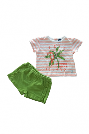 Îmbrăcăminte & Încălțăminte - Set Compleu de vara cu pantaloni scurti , model palmier, Street Monkey, alb-roz-verde, 6-9 luni, 68-74 cm