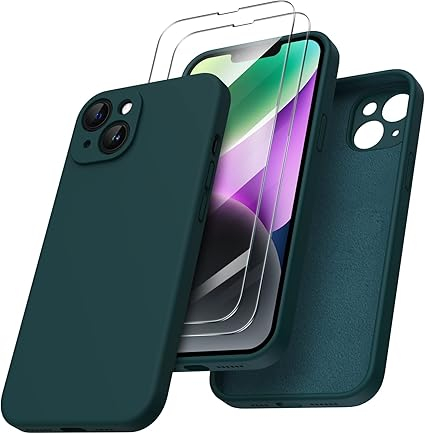 Huse, Folii & Accesorii Telefoane - Set compus din Husă ORNARTO pentru iPhone 14 Plus 6.7 inch (2022), Silicon Lichid, Verde Olive si 2 Folii de Protecție pentru Ecran