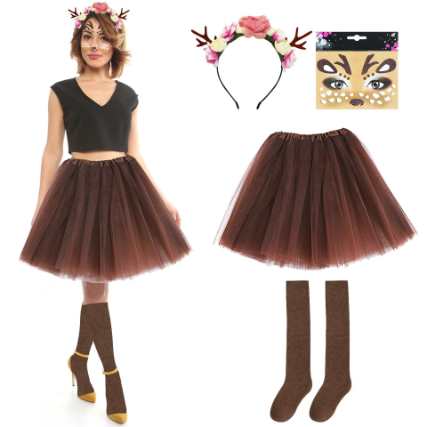 Costume Carnaval - Set costum ren pentru femei cu bentita cu coarne, fusta tutu maro, sosete lungi si stickere decorative pentru fata.