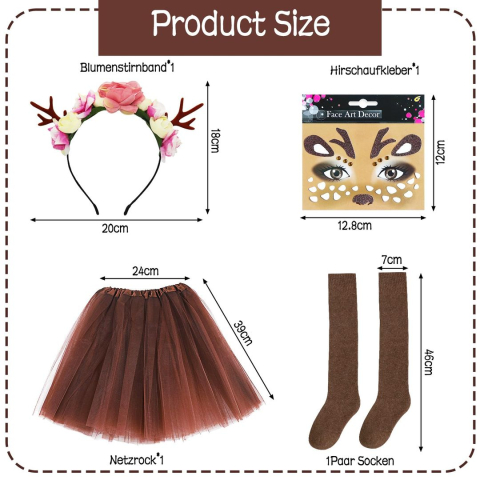 Set costum ren pentru femei cu bentita cu coarne, fusta tutu maro, sosete lungi si stickere decorative pentru fata. [1]