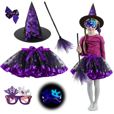 Costume Carnaval - Set vrajitoare pentru fete cu fusta tutu, palarie, matura si ochelari Glow.