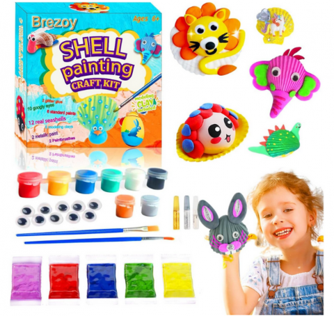 Jucării & Jocuri - Set Creativ Handmade Brezoy, 12 Proiecte DIY cu Scoici Naturale, Vopsele și Lut, Activitate Artistică pentru Copii 6 Ani +
