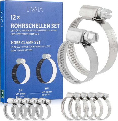 Casă, Grădină & Bricolaj - Set de 12 Cleme pentru Țevi din Oțel Inoxidabil LIVAIA, Reglabile între 16-27 mm și 25-40 mm, Cleme de Fixare pentru Furtunuri și Țevi, Rezistente la Coroziune