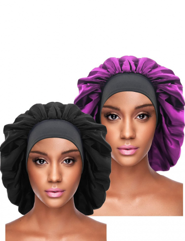 Îmbrăcăminte & Încălțăminte - Set de 2 Bonete din Satin pentru Somn, cu Bandă Elastică Lată, negru/violet