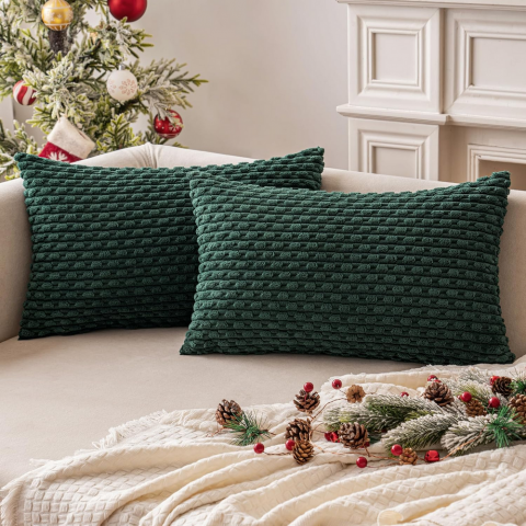Set de 2 fețe de pernă decorative, din catifea corduroy moale și cu stil rustic boem cu dungi, MIULEE, 30 x 50 cm, verde militar [1]